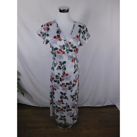 jenn & jo Dress Womens Small White Floral Wrap V-Neck Short Sleeve Tie Waist - Picture 1 of 11